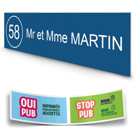 Plaque boite aux lettres NUMERO adhésive (100x25mm) bleue lettres blanches - 1 ligne + Stickers STOP PUB offerts