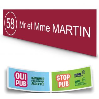 Plaque boite aux lettres NUMERO adhésive (100x25mm) bordeaux lettres blanches - 1 ligne + Stickers STOP PUB offerts