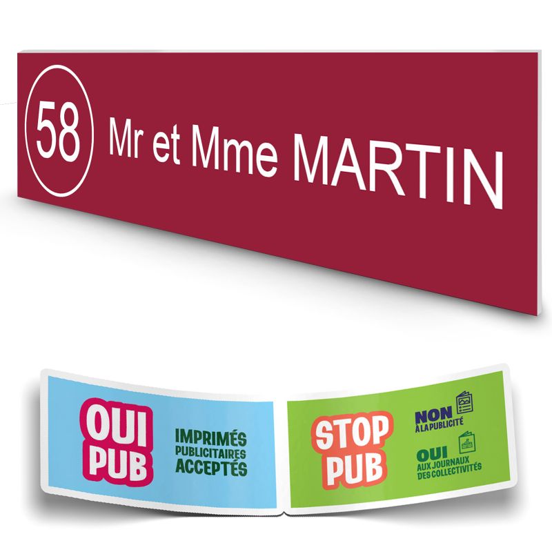 Plaque boite aux lettres NUMERO adhésive (100x25mm) bordeaux lettres blanches - 1 ligne + Stickers STOP PUB offerts Plaque boite aux lettres NUMERO adhésive (100x25mm) bordeaux lettres blanches - 1 ligne + Stickers STOP PUB offerts