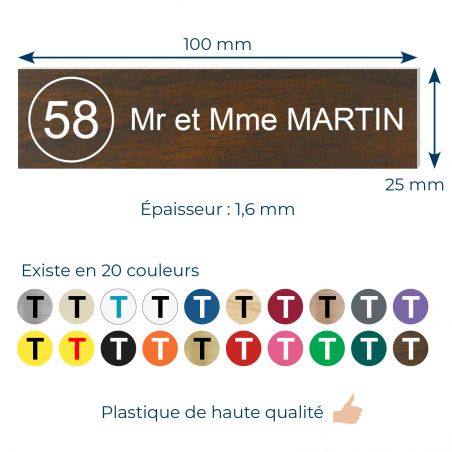 Plaque boite aux lettres NUMERO adhésive (100x25mm) effet bois foncé lettres blanches - 1 ligne + Stickers STOP PUB offerts