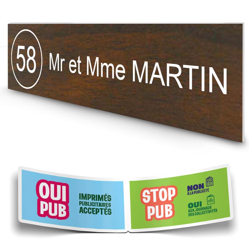 Plaque boite aux lettres NUMERO adhésive (100x25mm) effet bois foncé lettres blanches - 1 ligne + Stickers STOP PUB offerts Plaque boite aux lettres NUMERO adhésive (100x25mm) effet bois foncé lettres blanches - 1 ligne + Stickers STOP PUB offerts