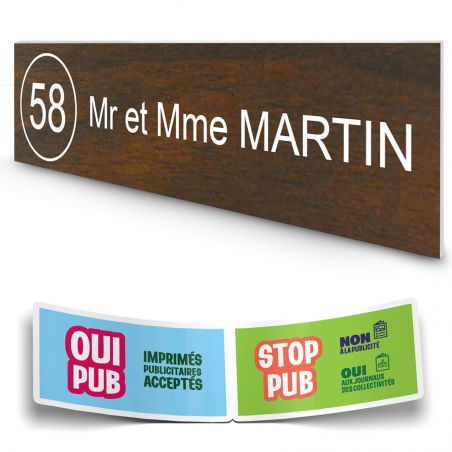 Plaque boite aux lettres NUMERO adhésive (100x25mm) effet bois foncé lettres blanches - 1 ligne + Stickers STOP PUB offerts