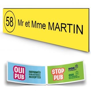 Plaque boite aux lettres NUMERO adhésive (100x25mm) jaune lettres noires - 1 ligne + Stickers STOP PUB offerts