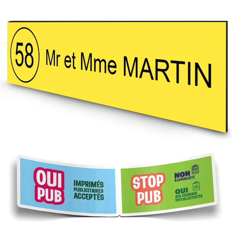 Plaque boite aux lettres NUMERO adhésive (100x25mm) jaune lettres noires - 1 ligne + Stickers STOP PUB offerts Plaque boite aux lettres NUMERO adhésive (100x25mm) jaune lettres noires - 1 ligne + Stickers STOP PUB offerts