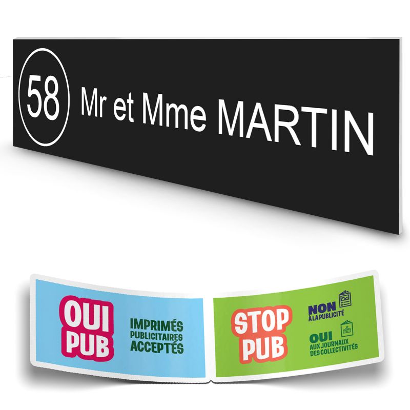 Plaque boite aux lettres NUMERO adhésive (100x25mm) noire lettres blanches - 1 ligne + Stickers STOP PUB offerts Plaque boite aux lettres NUMERO adhésive (100x25mm) noire lettres blanches - 1 ligne + Stickers STOP PUB offerts