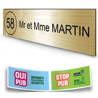 Plaque boite aux lettres NUMERO adhésive (100x25mm) or brossé lettres noires - 1 ligne + Stickers STOP PUB offerts