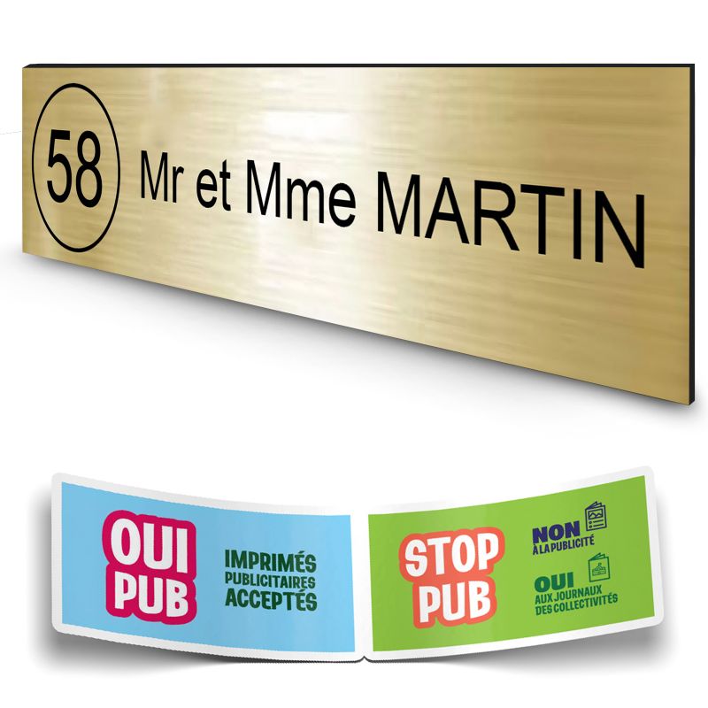Plaque boite aux lettres NUMERO adhésive (100x25mm) or brossé lettres noires - 1 ligne + Stickers STOP PUB offerts Plaque boite aux lettres NUMERO adhésive (100x25mm) or brossé lettres noires - 1 ligne + Stickers STOP PUB offerts