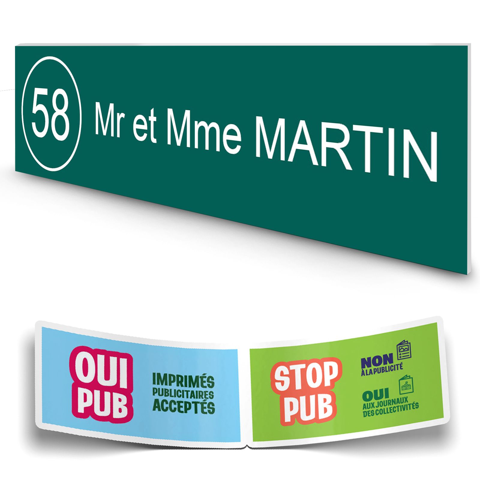 Plaque boite aux lettres NUMERO adhésive (100x25mm) vert foncé lettres blanches - 1 ligne + Stickers STOP PUB offerts