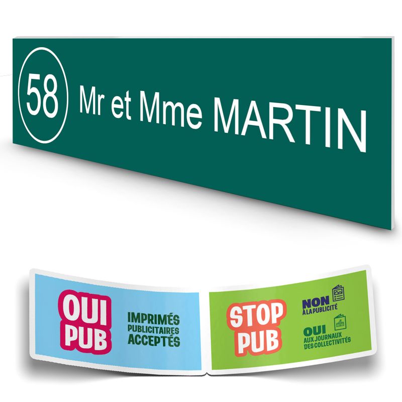 Plaque boite aux lettres NUMERO adhésive (100x25mm) vert foncé lettres blanches - 1 ligne + Stickers STOP PUB offerts Plaque boite aux lettres NUMERO adhésive (100x25mm) vert foncé lettres blanches - 1 ligne + Stickers STOP PUB offerts