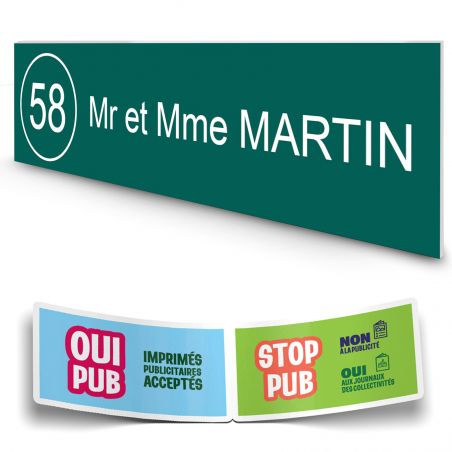 Plaque boite aux lettres NUMERO adhésive (100x25mm) vert foncé lettres blanches - 1 ligne + Stickers STOP PUB offerts