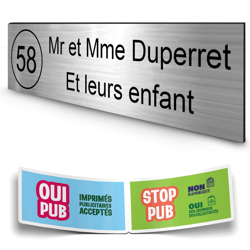 Plaque boite aux lettres NUMERO adhésive (100x25mm) argent lettres noires - 2 lignes + Stickers STOP PUB offerts Plaque boite aux lettres NUMERO adhésive (100x25mm) argent lettres noires - 2 lignes + Stickers STOP PUB offerts