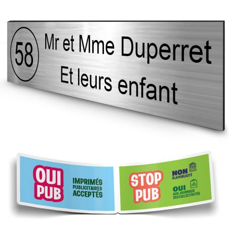 Plaque boite aux lettres NUMERO adhésive (100x25mm) argent lettres noires - 2 lignes + Stickers STOP PUB offerts