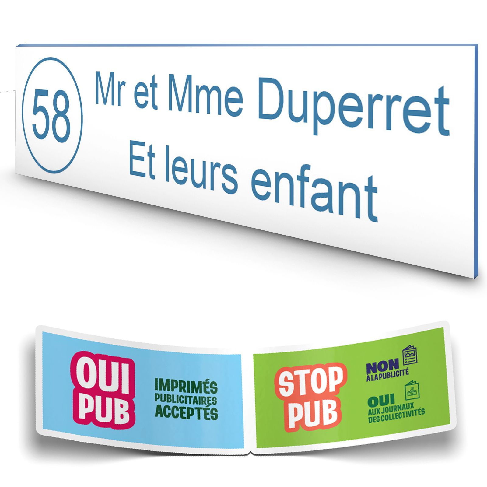 Plaque boite aux lettres NUMERO adhésive (100x25mm) blanche lettres bleues - 2 lignes + Stickers STOP PUB offerts