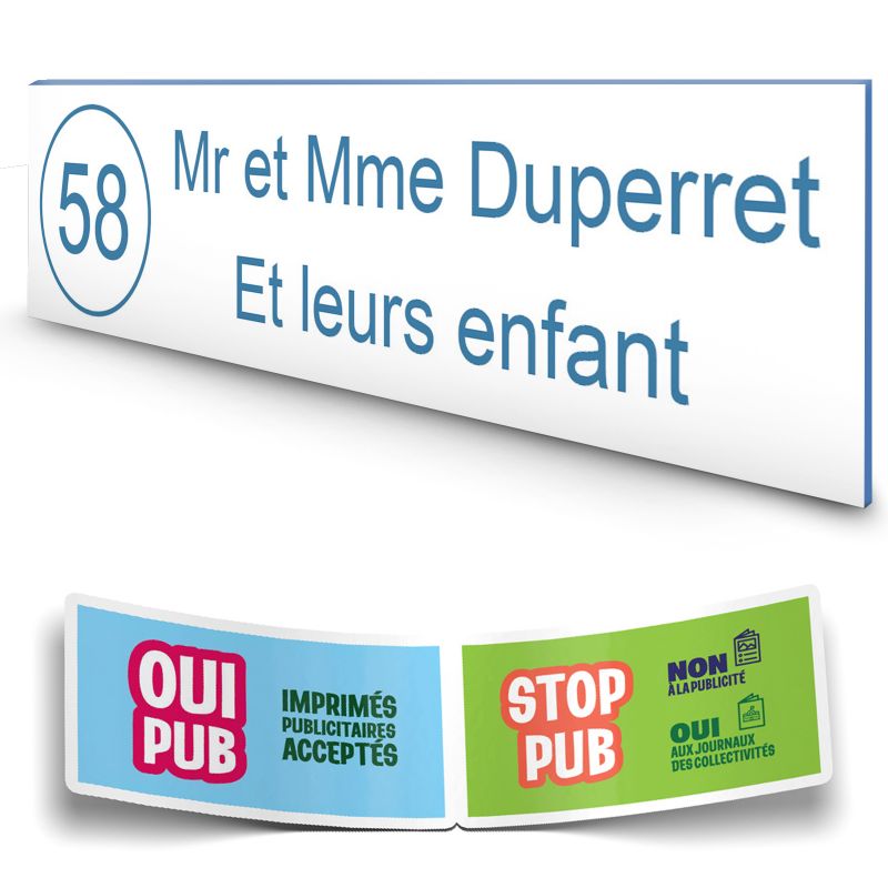 Plaque boite aux lettres NUMERO adhésive (100x25mm) blanche lettres bleues - 2 lignes + Stickers STOP PUB offerts Plaque boite aux lettres NUMERO adhésive (100x25mm) blanche lettres bleues - 2 lignes + Stickers STOP PUB offerts
