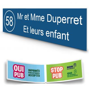 Plaque boite aux lettres NUMERO adhésive (100x25mm) bleue lettres blanches - 2 lignes