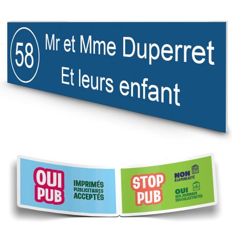 Plaque boite aux lettres NUMERO adhésive (100x25mm) bleue lettres blanches - 2 lignes