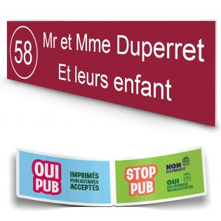 Plaque boite aux lettres NUMERO adhésive (100x25mm) bordeaux lettres blanches - 2 lignes
