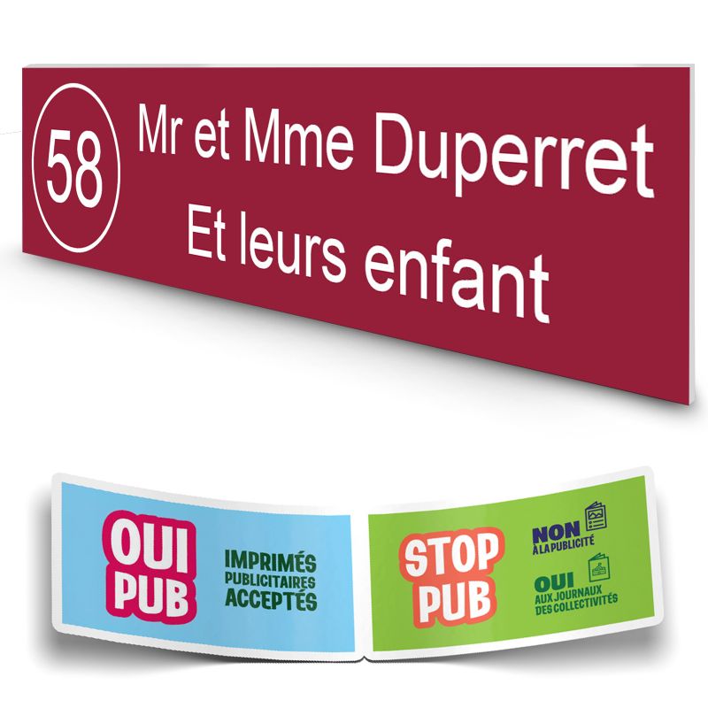 Plaque boite aux lettres NUMERO adhésive (100x25mm) bordeaux lettres blanches - 2 lignes + Stickers STOP PUB offerts Plaque boite aux lettres NUMERO adhésive (100x25mm) bordeaux lettres blanches - 2 lignes + Stickers STOP PUB offerts