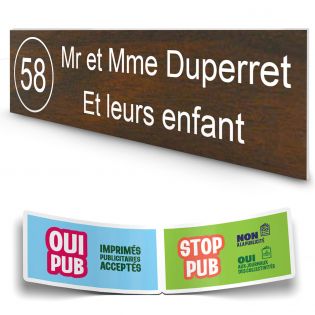 Plaque boite aux lettres NUMERO adhésive (100x25mm) effet bois foncé lettres blanches - 2 lignes + Stickers STOP PUB offerts