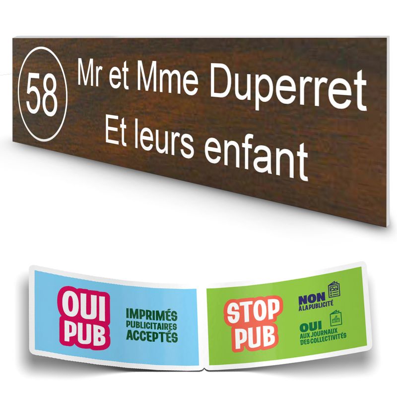 Plaque boite aux lettres NUMERO adhésive (100x25mm) effet bois foncé lettres blanches - 2 lignes + Stickers STOP PUB offerts Plaque boite aux lettres NUMERO adhésive (100x25mm) effet bois foncé lettres blanches - 2 lignes + Stickers STOP PUB offerts