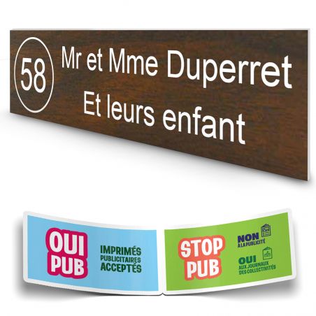 Plaque boite aux lettres NUMERO adhésive (100x25mm) effet bois foncé lettres blanches - 2 lignes + Stickers STOP PUB offerts