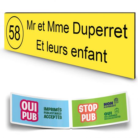 Plaque boite aux lettres NUMERO adhésive (100x25mm) jaune lettres noires - 2 lignes
