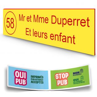 Plaque boite aux lettres NUMERO adhésive (100x25mm) Jaune lettres rouges - 2 lignes + Stickers STOP PUB offerts