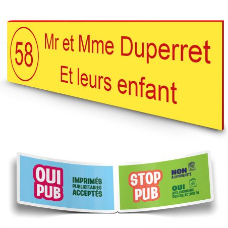 Plaque boite aux lettres NUMERO adhésive (100x25mm) Jaune lettres rouges - 2 lignes + Stickers STOP PUB offerts