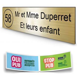 Plaque boite aux lettres NUMERO adhésive (100x25mm) or brossé lettres noires - 2 lignes + Stickers STOP PUB offerts