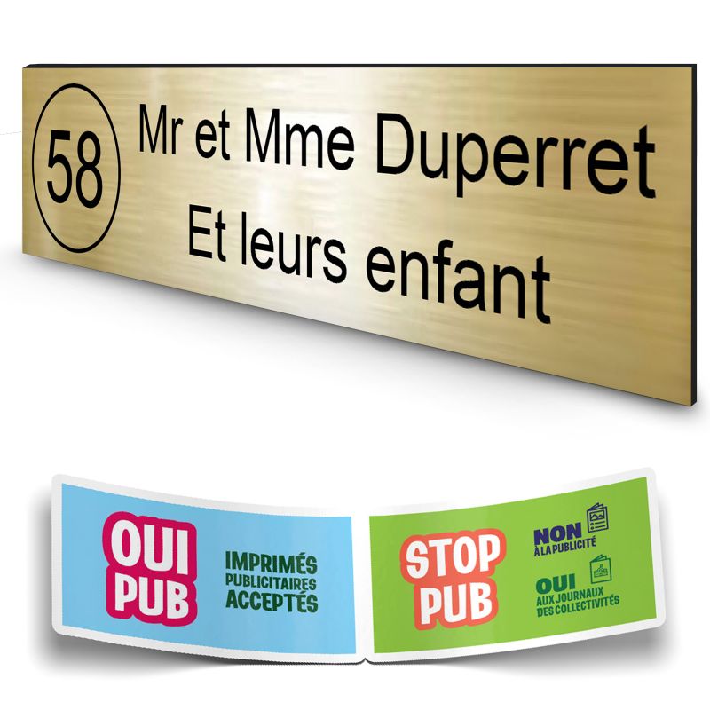 Plaque boite aux lettres NUMERO adhésive (100x25mm) or brossé lettres noires - 2 lignes + Stickers STOP PUB offerts Plaque boite aux lettres NUMERO adhésive (100x25mm) or brossé lettres noires - 2 lignes + Stickers STOP PUB offerts