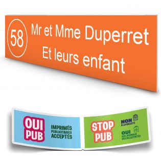 Plaque boite aux lettres NUMERO adhésive (100x25mm) orange lettres blanches - 2 lignes + Stickers STOP PUB offerts