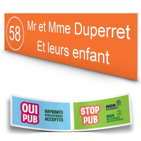 Plaque boite aux lettres NUMERO adhésive (100x25mm) orange lettres blanches - 2 lignes + Stickers STOP PUB offerts