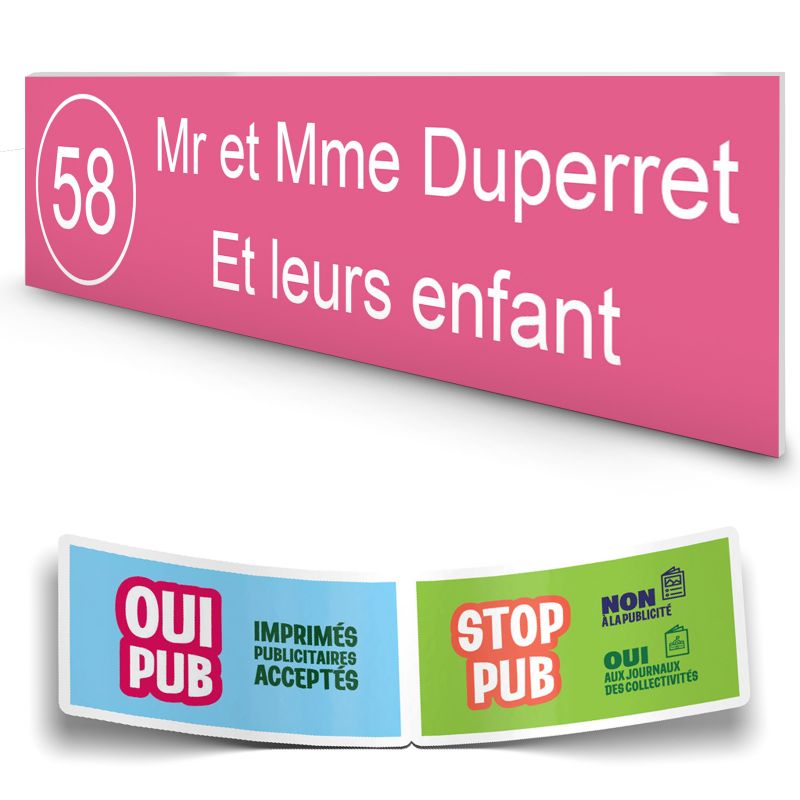 Plaque boite aux lettres NUMERO adhésive (100x25mm) rose lettres blanches - 2 lignes + Stickers STOP PUB offerts Plaque boite aux lettres NUMERO adhésive (100x25mm) rose lettres blanches - 2 lignes + Stickers STOP PUB offerts