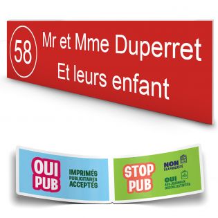 Plaque boite aux lettres NUMERO adhésive (100x25mm) rouge lettres blanches - 2 lignes