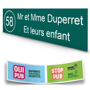 Plaque boite aux lettres NUMERO adhésive (100x25mm) vert foncé lettres blanches - 2 lignes + Stickers STOP PUB offerts