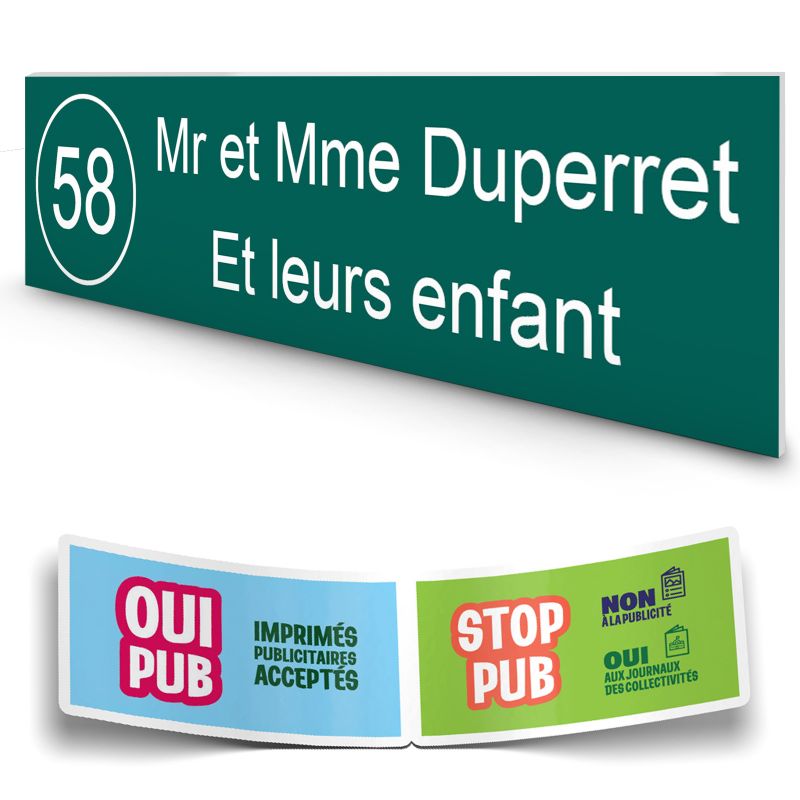 Plaque boite aux lettres NUMERO adhésive (100x25mm) vert foncé lettres blanches - 2 lignes + Stickers STOP PUB offerts Plaque boite aux lettres NUMERO adhésive (100x25mm) vert foncé lettres blanches - 2 lignes + Stickers STOP PUB offerts