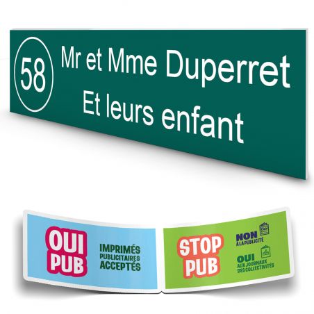 Plaque boite aux lettres NUMERO adhésive (100x25mm) vert foncé lettres blanches - 2 lignes + Stickers STOP PUB offerts