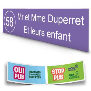 Plaque boite aux lettres NUMERO adhésive (100x25mm) violette lettres blanches - 2 lignes + Stickers STOP PUB offerts
