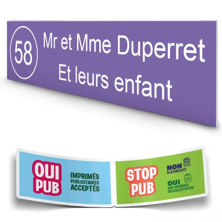 Plaque boite aux lettres NUMERO adhésive (100x25mm) violette lettres blanches - 2 lignes + Stickers STOP PUB offerts