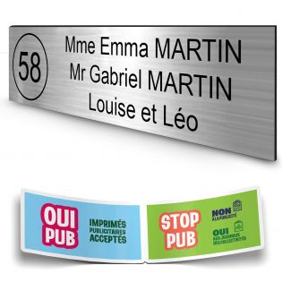 Plaque boite aux lettres NUMERO adhésive (100x25mm) argent lettres noires - 3 lignes + Stickers STOP PUB offerts