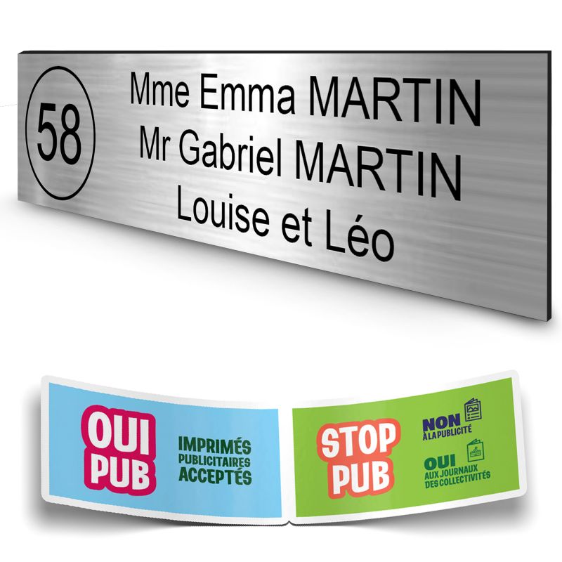 Plaque boite aux lettres NUMERO adhésive (100x25mm) argent lettres noires - 3 lignes + Stickers STOP PUB offerts Plaque boite aux lettres NUMERO adhésive (100x25mm) argent lettres noires - 3 lignes + Stickers STOP PUB offerts