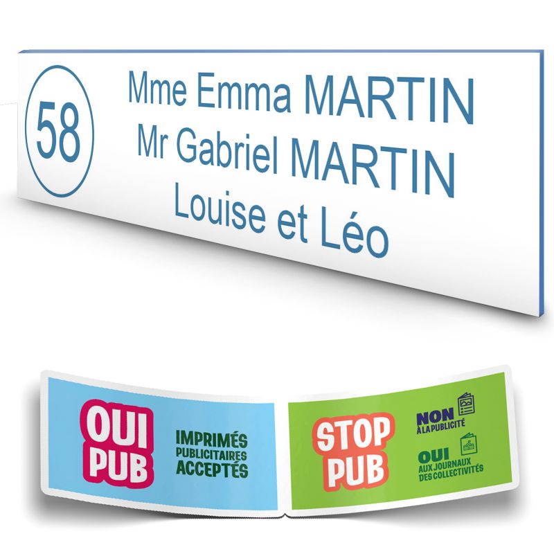 Plaque boite aux lettres NUMERO adhésive (100x25mm) blanche lettres bleues - 3 lignes + Stickers STOP PUB offerts Plaque boite aux lettres NUMERO adhésive (100x25mm) blanche lettres bleues - 3 lignes + Stickers STOP PUB offerts