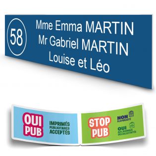 Plaque boite aux lettres NUMERO adhésive (100x25mm) bleue lettres blanches - 3 lignes + Stickers STOP PUB offerts