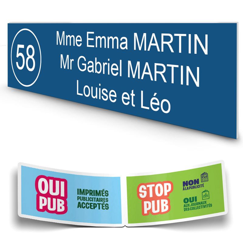 Plaque boite aux lettres NUMERO adhésive (100x25mm) bleue lettres blanches - 3 lignes + Stickers STOP PUB offerts Plaque boite aux lettres NUMERO adhésive (100x25mm) bleue lettres blanches - 3 lignes + Stickers STOP PUB offerts
