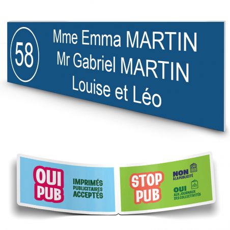Plaque boite aux lettres NUMERO adhésive (100x25mm) bleue lettres blanches - 3 lignes + Stickers STOP PUB offerts