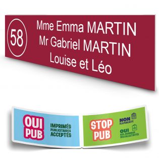 Plaque boite aux lettres NUMERO adhésive (100x25mm) bordeaux lettres blanches - 3 lignes
