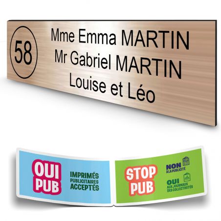 Plaque boite aux lettres NUMERO adhésive (100x25mm) cuivre lettres noires - 3 lignes + Stickers STOP PUB offerts