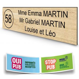 Plaque boite aux lettres NUMERO adhésive (100x25mm) effet bois clair lettres noires - 3 lignes + Stickers STOP PUB offerts