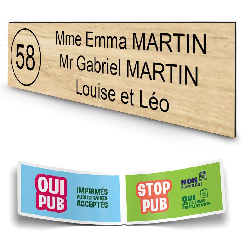 Plaque boite aux lettres NUMERO adhésive (100x25mm) effet bois clair lettres noires - 3 lignes + Stickers STOP PUB offerts Plaque boite aux lettres NUMERO adhésive (100x25mm) effet bois clair lettres noires - 3 lignes + Stickers STOP PUB offerts