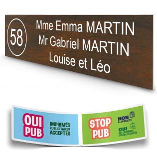 Plaque boite aux lettres NUMERO adhésive (100x25mm) effet bois foncé lettres blanches - 3 lignes